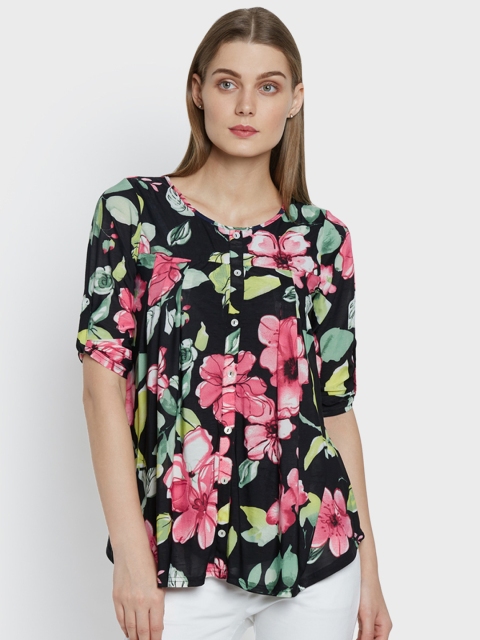 

AND Women Black Floral Printed Shirt Style Top