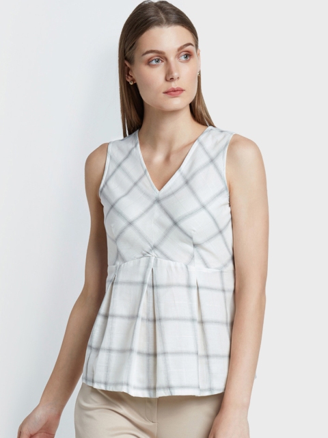 

AND Off-White Checked Pure Cotton Top