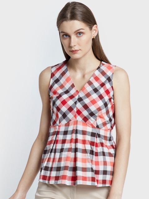 

AND Women Brown & Red Checked Pure Cotton Top