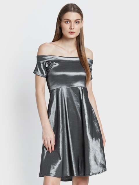 

AND Women Grey Sheen Off-Shoulder A-Line Dress