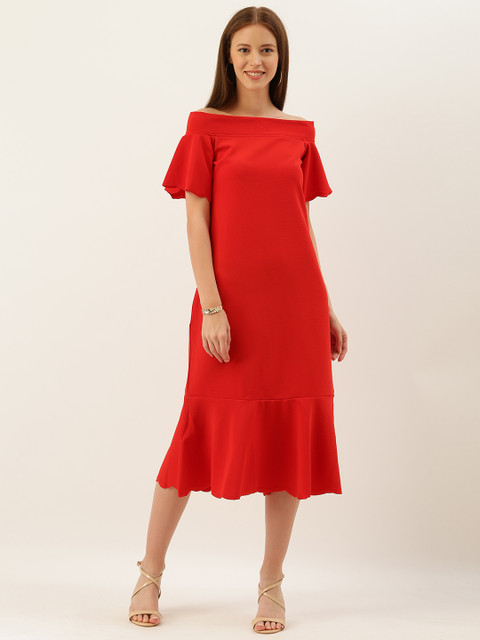 

AND Women Red Solid A-Line Off-Shoulder Dress with Flounce Hem