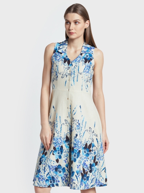 

AND Women Blue & Cream-Coloured Printed A-Line Dress