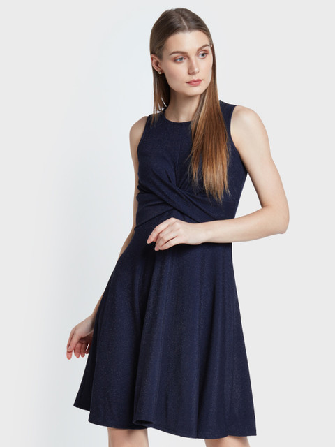 

AND Women Navy Blue Solid Fit and Flare Sheen Dress