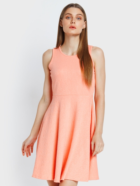 

AND Women Peach-Coloured Self Design Fit and Flare Dress