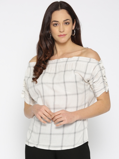 

AND Women Off-White & Grey Checked Off-Shoulder Pure Cotton Top