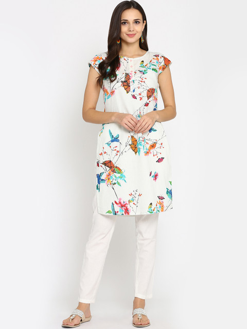 

Abhishti Women White Printed Straight Kurta