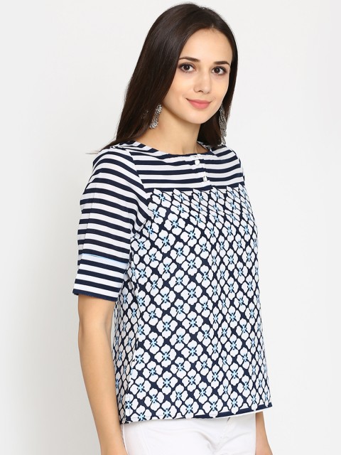 

Abhishti Women White & Blue Printed A-Line Top