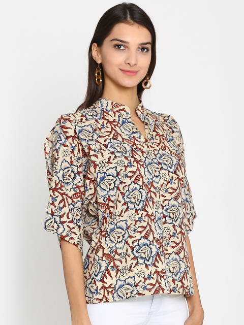 

Abhishti Women Cream-Coloured Hand Block Printed Top