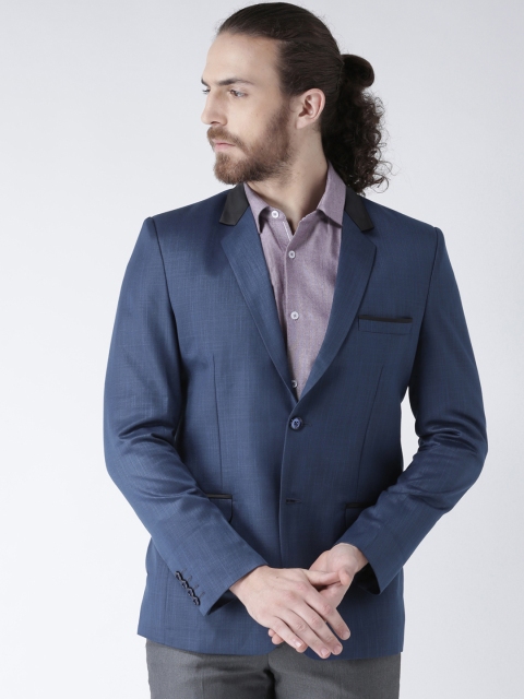 

DEYAAN Men Blue Woven Design Slim Fit Blazer