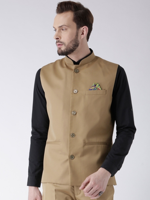 

Hangup Men Khaki Solid Nehru Jacket