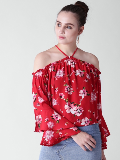 

FOREVER 21 Women Red Printed Bardot Top