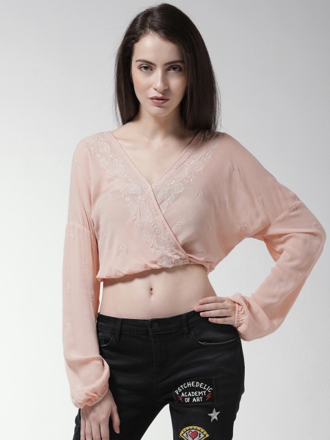 

FOREVER 21 Women Peach-Coloured Embroidered Crop Wrap Top