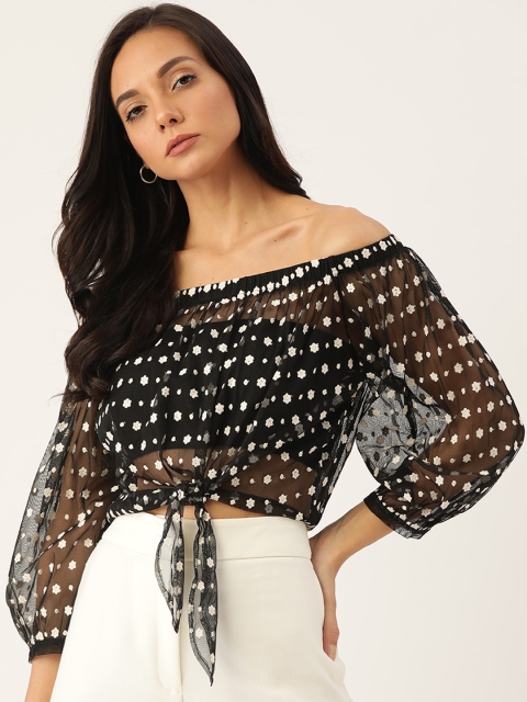 

FOREVER 21 Women Black Self Design Bardot Top