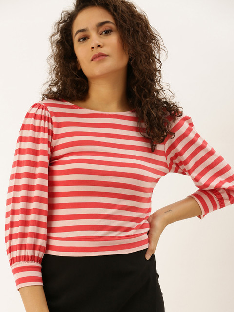 

FOREVER 21 Women Red & Pink Striped Pure Cotton Top with Puff Sleeves