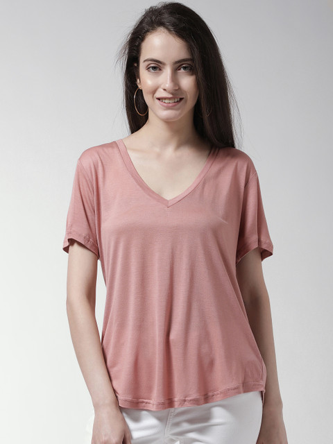 

FOREVER 21 Women Dusty Pink V-Neck Solid T-shirt