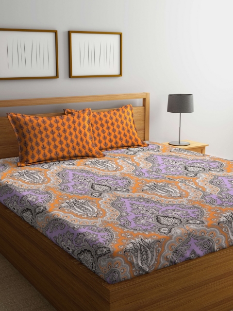 

Trident Orange & Purple Ethnic Motifs Flat 130 TC Cotton 1 Queen Bedsheet with 2 Pillow Covers