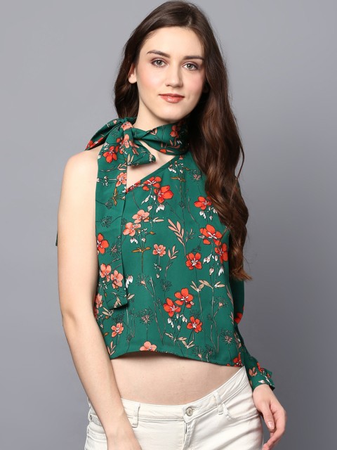 

STREET 9 Women Green One-Shoulder Printed Crop Top