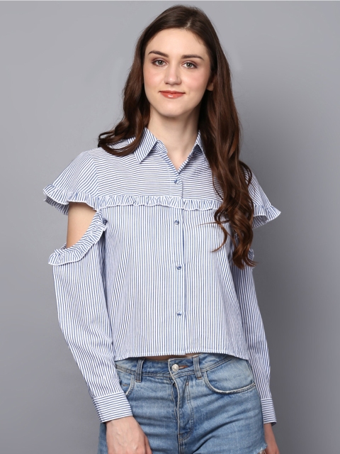 

STREET 9 Women White & Blue Regular Fit Striped Casual Shirt