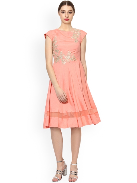

Soie Women Peach-Coloured Solid Fit and Flare Dress