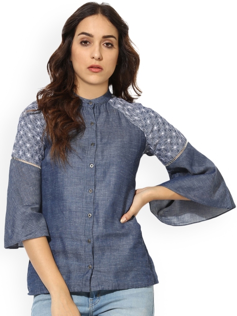 

Soie Women Blue Solid Embroidered Shirt Style Top