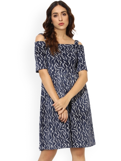 

Soie Women Navy Blue Printed Fit and Flare Dress