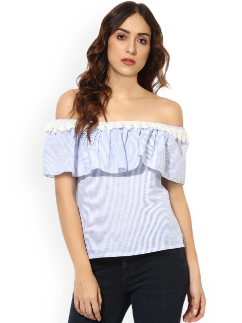 

Soie Women Blue Striped Bardot Linen Top