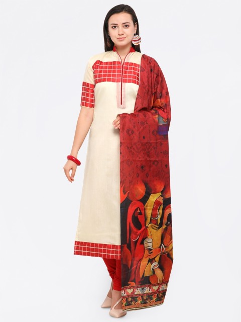 

Saree mall Cream-Coloured & Red Cotton Blend Semi-Stitched Dress Material