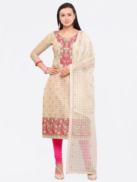 

Saree mall Cream-Coloured & Pink Cotton Blend Semi-Stitched Dress Material