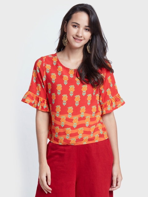 

Global Desi Women Red & Orange Printed Boxy Top