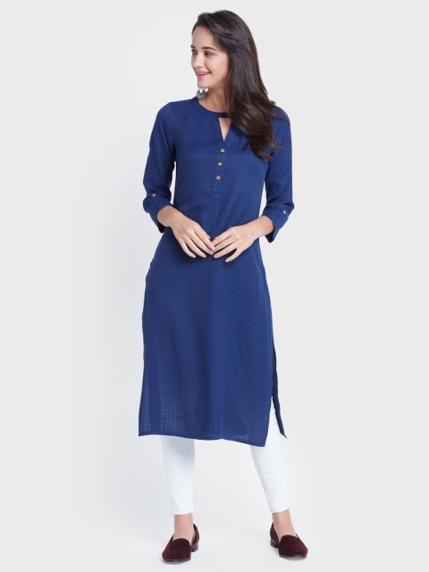 

Global Desi Women Navy Blue Woven Design Straight Kurta