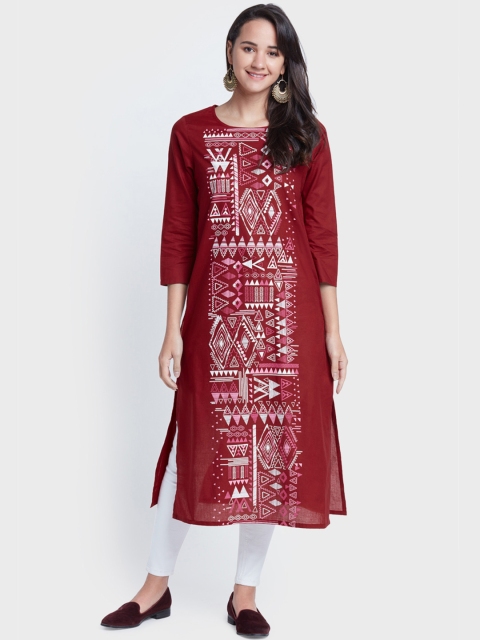 

Global Desi Women Maroon Printed Straight Kurta