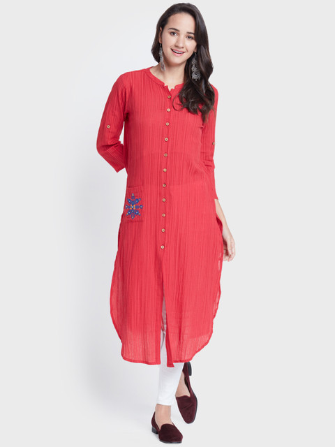 

Global Desi Women Red Self-Striped Straight Kurta