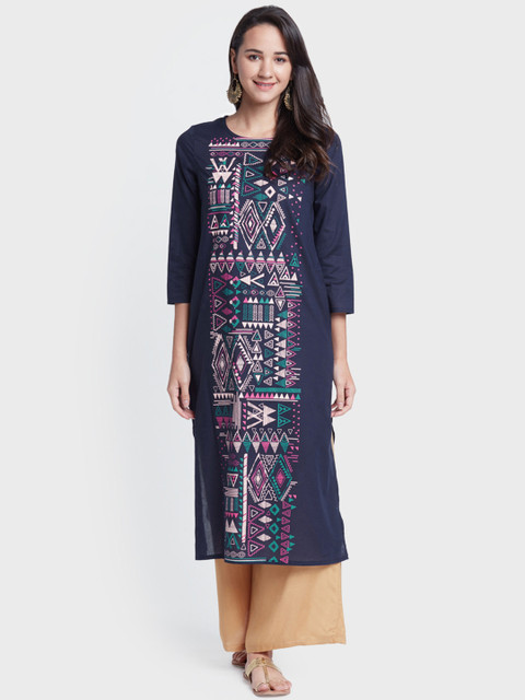 

Global Desi Women Navy Blue Printed Straight Kurta