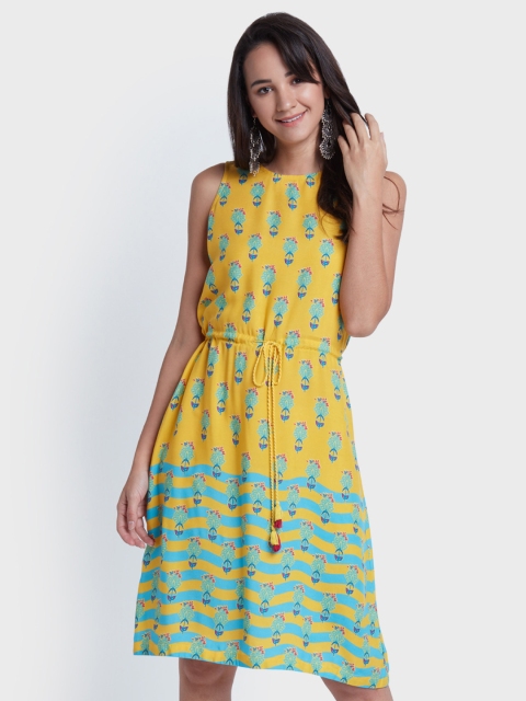 

Global Desi Women Mustard Yellow & Blue Printed A-Line Dress
