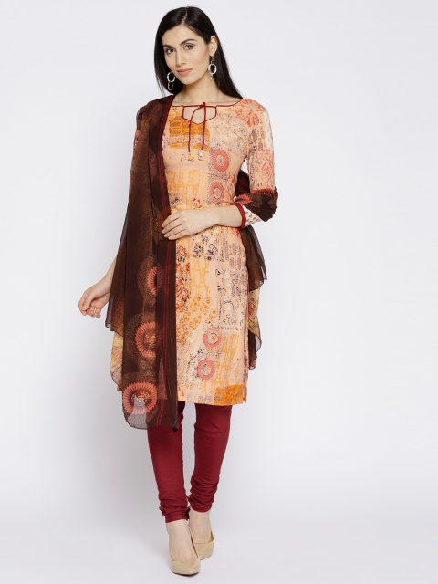 

Satrani Peach-Coloured & Maroon Unstitched Dress Material