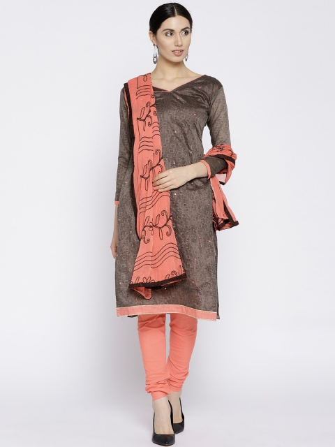 

Satrani Charcoal Grey & Peach-Coloured Chanderi Silk Unstitched Dress Material