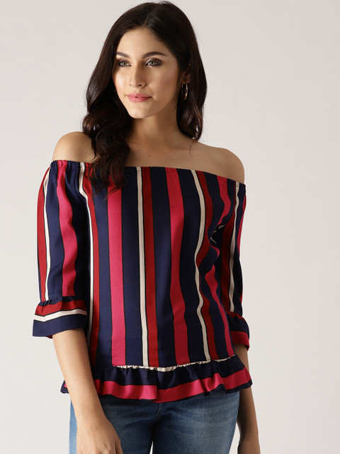 

AKS Couture Women Navy & Pink Striped Bardot Top, Navy blue