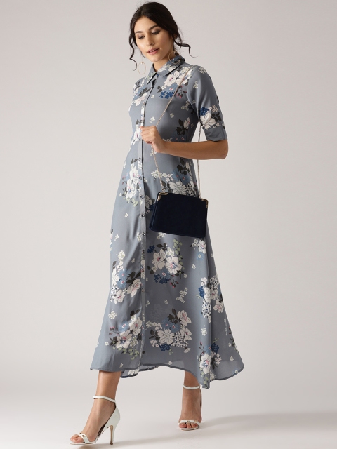 

AKS Couture Women Grey Printed Shirt Dress