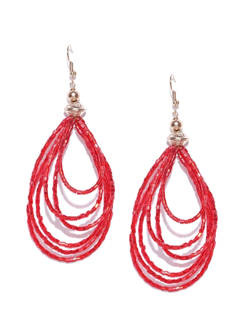 

Blueberry Red & Gold-Toned Beaded Teardrop Shaped Drop Earrings
