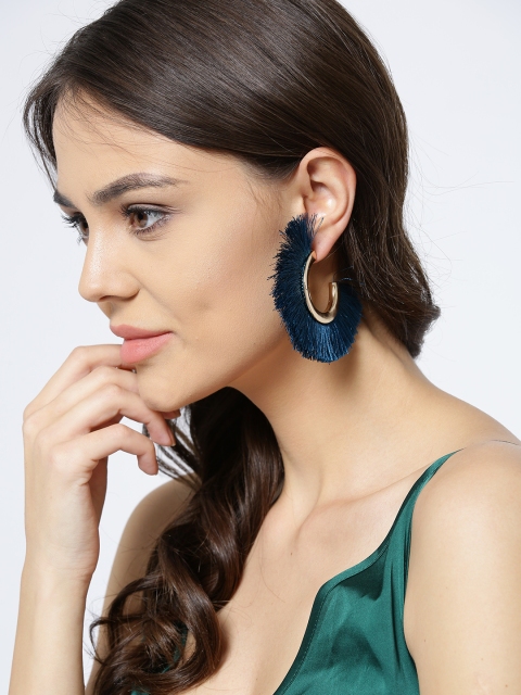 

Blueberry Teal Blue & Gold-Toned Tasselled Half Hoop Earrings
