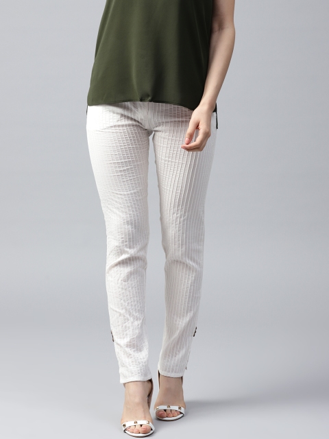 

AKS Women White Regular Fit Self-Striped Regular Trousers