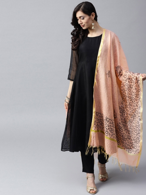 

AKS Peach-Coloured & Black Block Print Dupatta