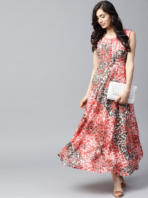 

AKS Women Off-White & Peach-Coloured Printed Maxi Dress