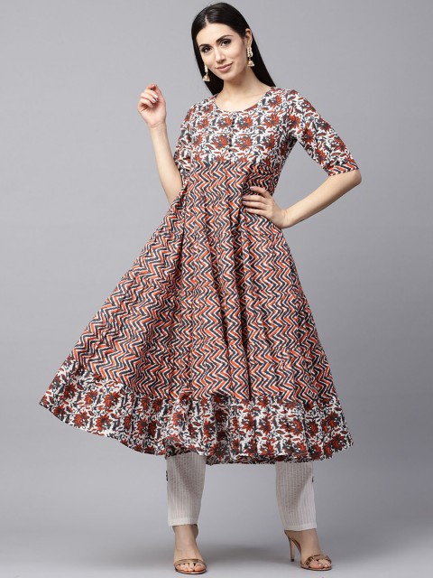 

AKS Women White & Orange Printed Anarkali Kurta