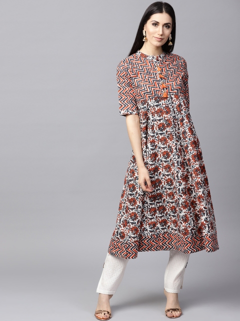 

AKS Women White & Orange Printed Anarkali Kurta