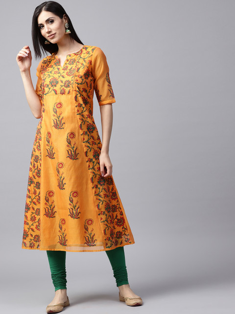 

AKS Women Mustard Yellow & Green Handblock Print A-Line Kurta