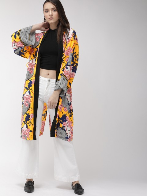 

FOREVER 21 Women Yellow & Navy Blue Printed Open Front Shrug
