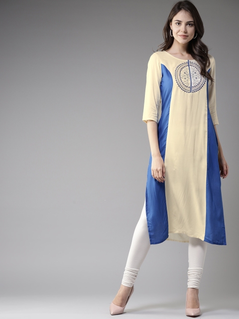 

HERE&NOW Women Cream-Coloured & Blue Colourblocked Straight Kurta