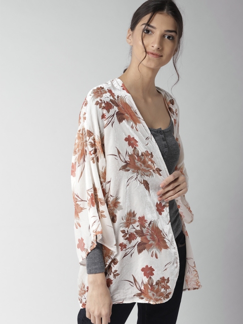 

FOREVER 21 Off-White & Orange Printed Velvet Finish Open Front Shrug