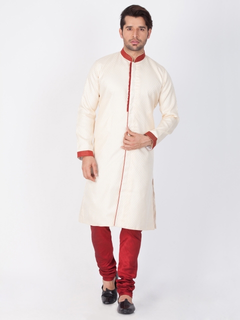 

Vastramay Men Cream-coloured & Maroon Sherwani with Churidar